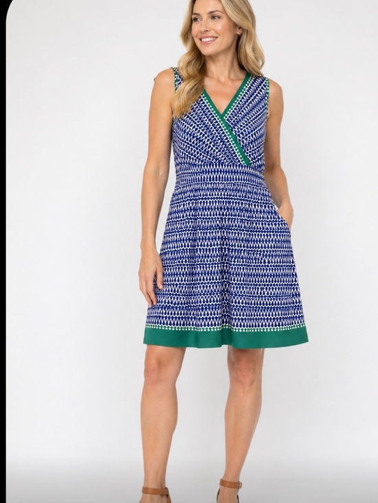 Lands' End Dresses & Skirts - Lands' End Women’s L 14-16 Aqua Blue Geometric Surplice Fit Flare Dress Stretch